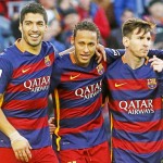 (L-R) Luis Suarez, Neymar, Lionel Messi (Barcelona), NOVEMBER 28, 2015 - Football / Soccer : Neymar of Barcelona celebrates after scoring their 3rd goal during the Spanish Primera Division "Liga BBVA (Espanola)" match between FC Barcelona 4-0 Real Sociedad at Camp Nou in Barcelona, Spain. (Photo by MarcaMedia/AFLO)